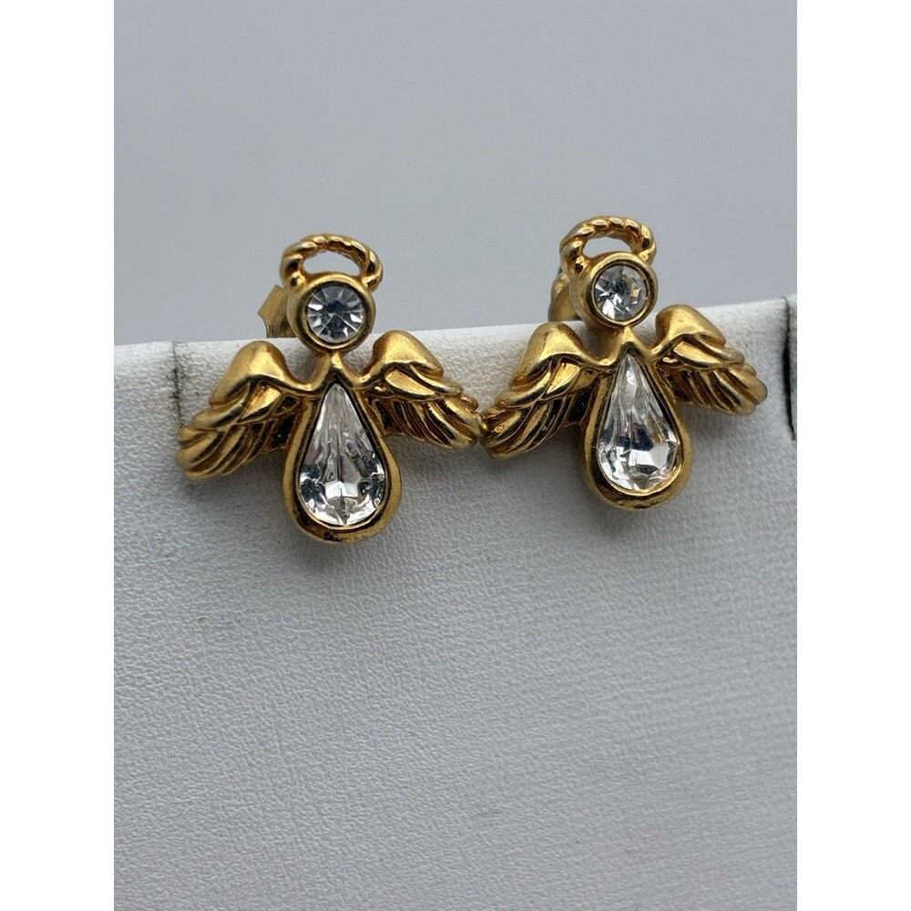 Avon Clear Rhinestone Crystal Gold Tone Angel Pierced Earrings Vintage